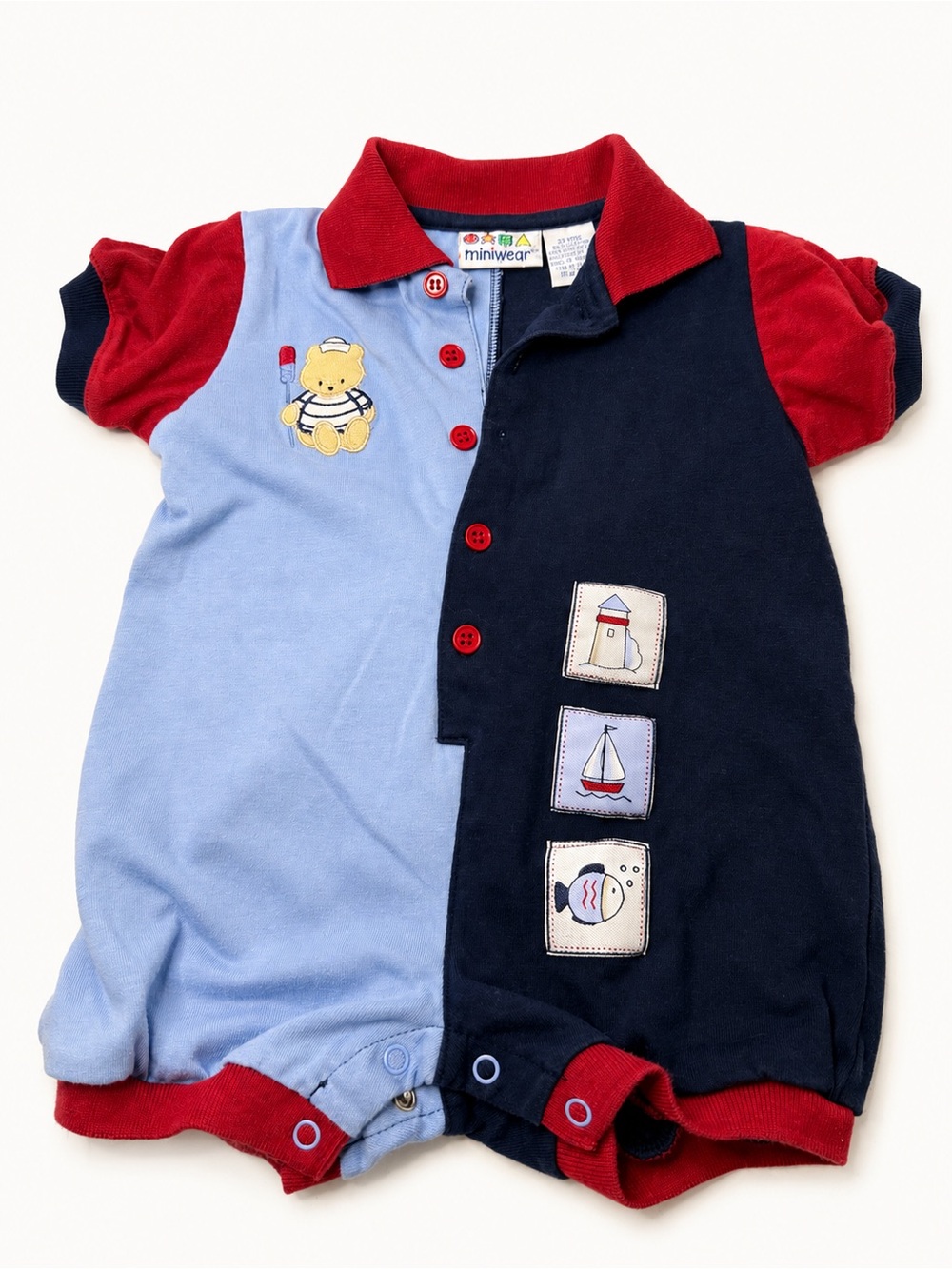 Vintage Miniwear Baby Nautical Romper - Light Blue, Navy & Red